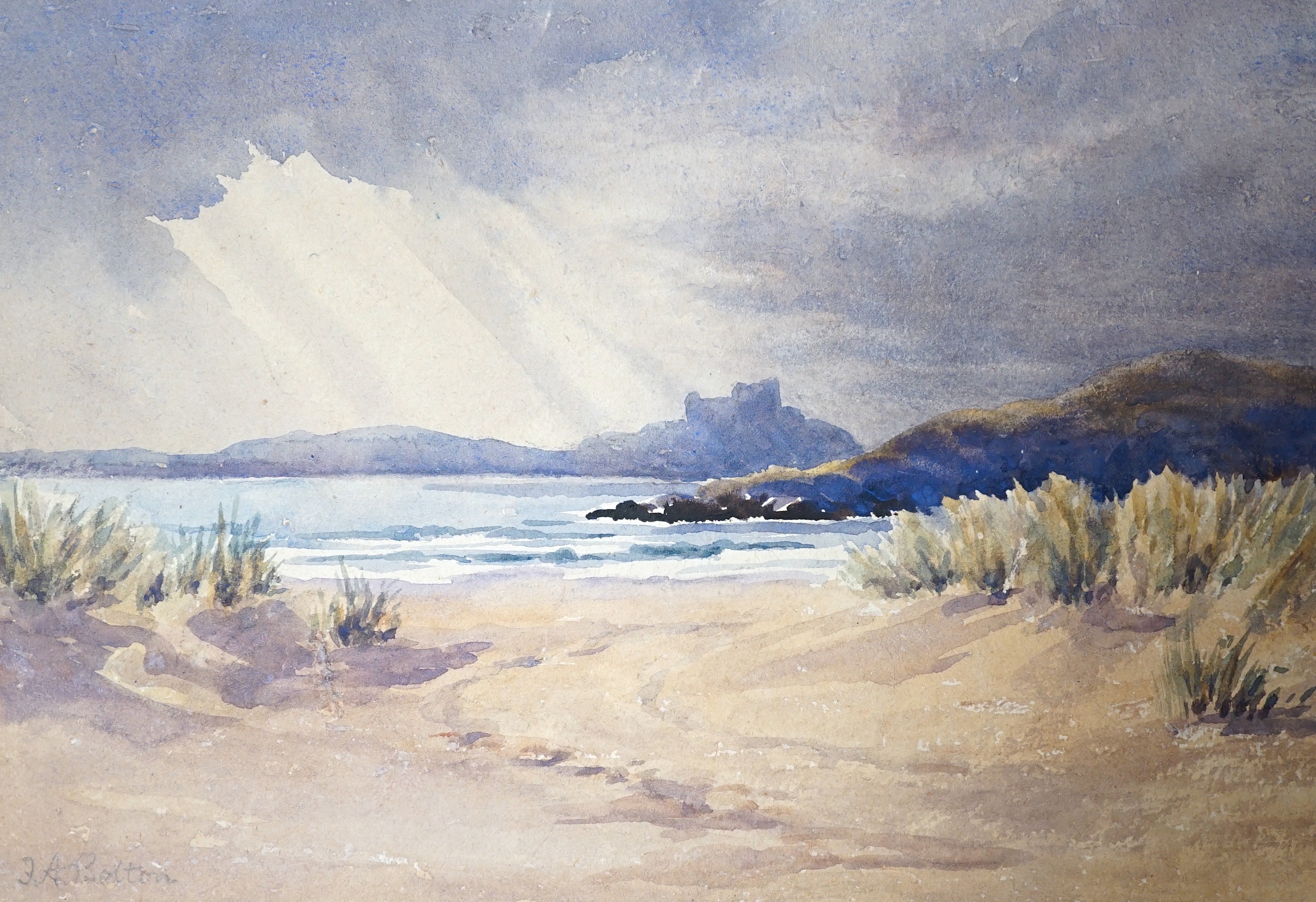 George W. Ball, three watercolour postcard designs, 'The old cottage doorway', 'Estuary, North Wales' and 'An old harbour', largest 18 x 23cm and a Francis Bolton watercolour, View of Criccieth Castle, North Wales', 18 x